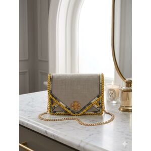 Tory Burch Kira Braided Canvas Crossbody Bag Purse Clutch Yellow Leather